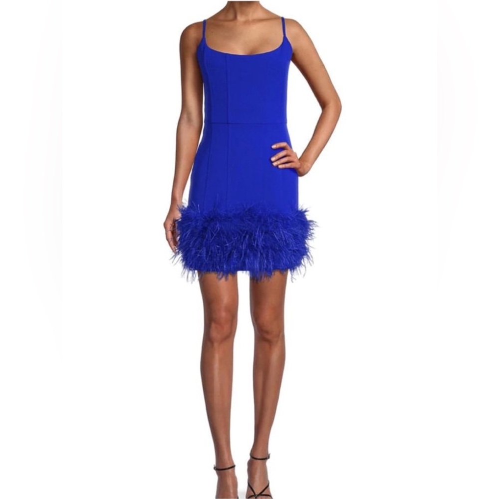 Line & Dot Cobalt Feather Trim Mini Dress